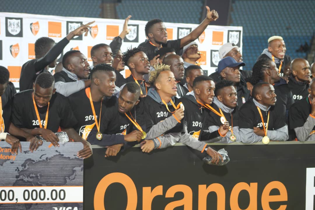 Mpote and Orapa United celebrating their Orange FA Cup 2019 victory.